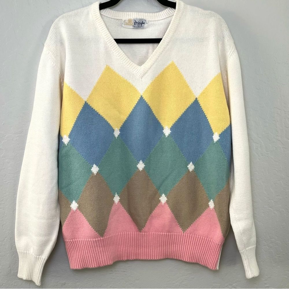 Pringle Cream V-Neck Argyle Sweater with Yellow, Blue, Green, Brown, Pink